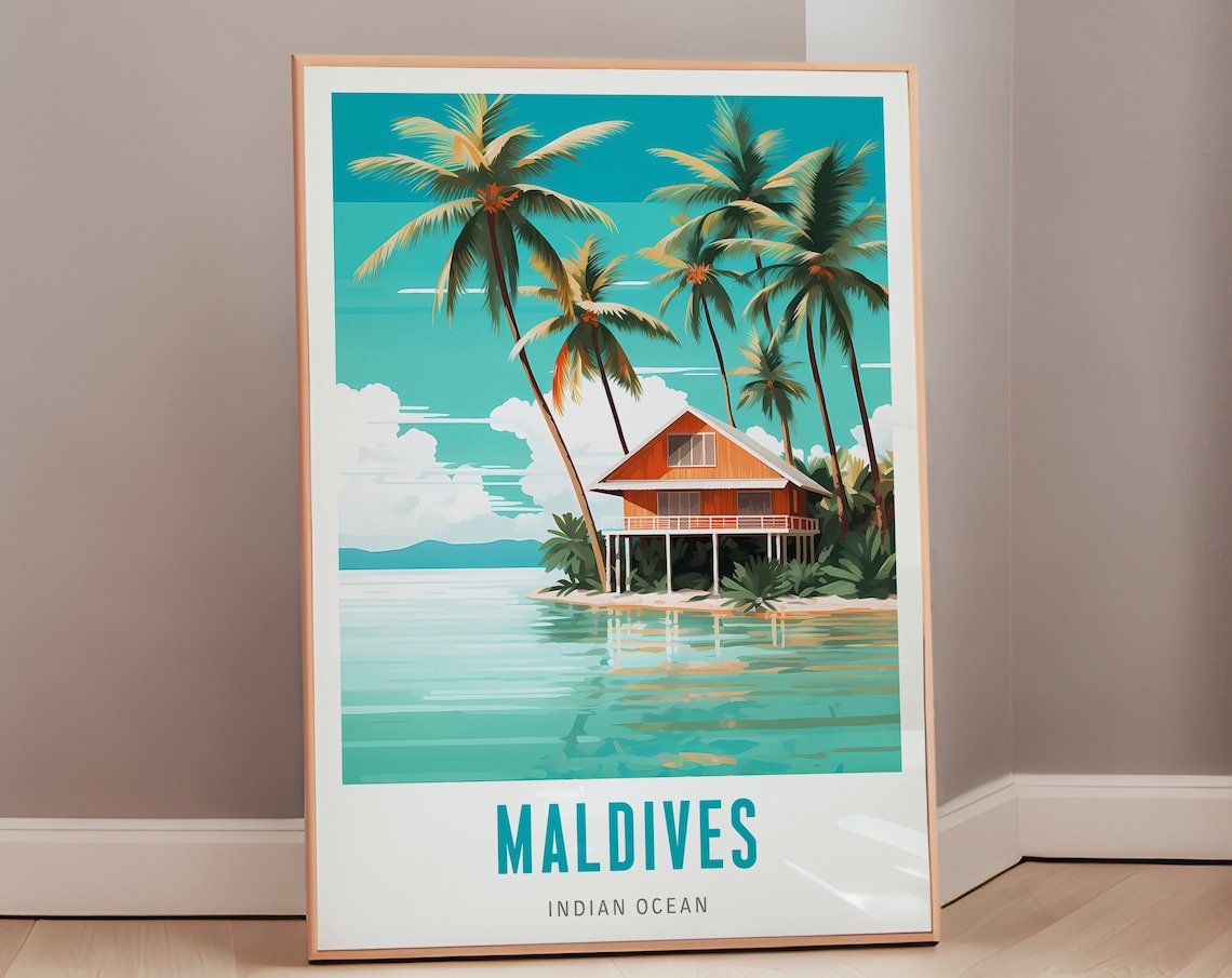 Maldives Indian Ocean Overwater Villa Palm Trees Travel Poster