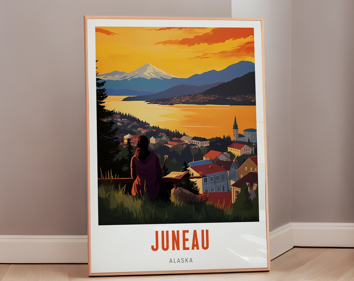 Juneau Alaska Sunset Harbor Snowy Mountain Mid Century Travel Poster
