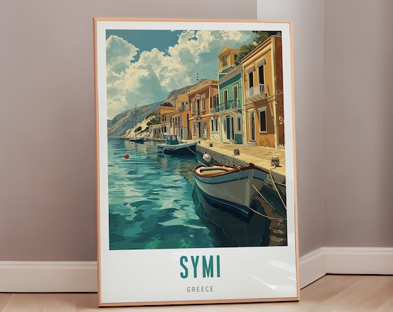 Symi Greece Harbor Vintage Travel Poster Colorful Waterfront Island Art
