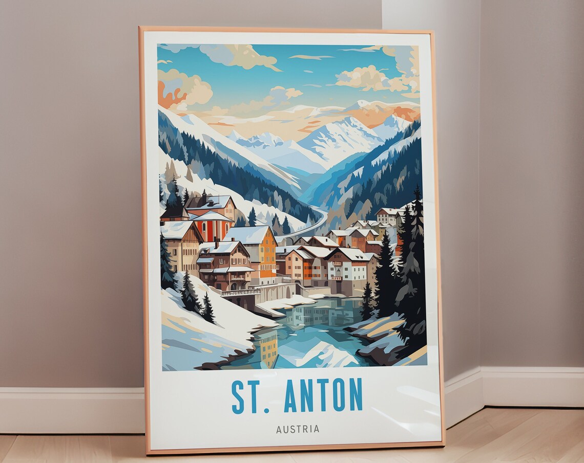St. Anton Austria Snowy Ski Village Mountain Winter Travel Poster