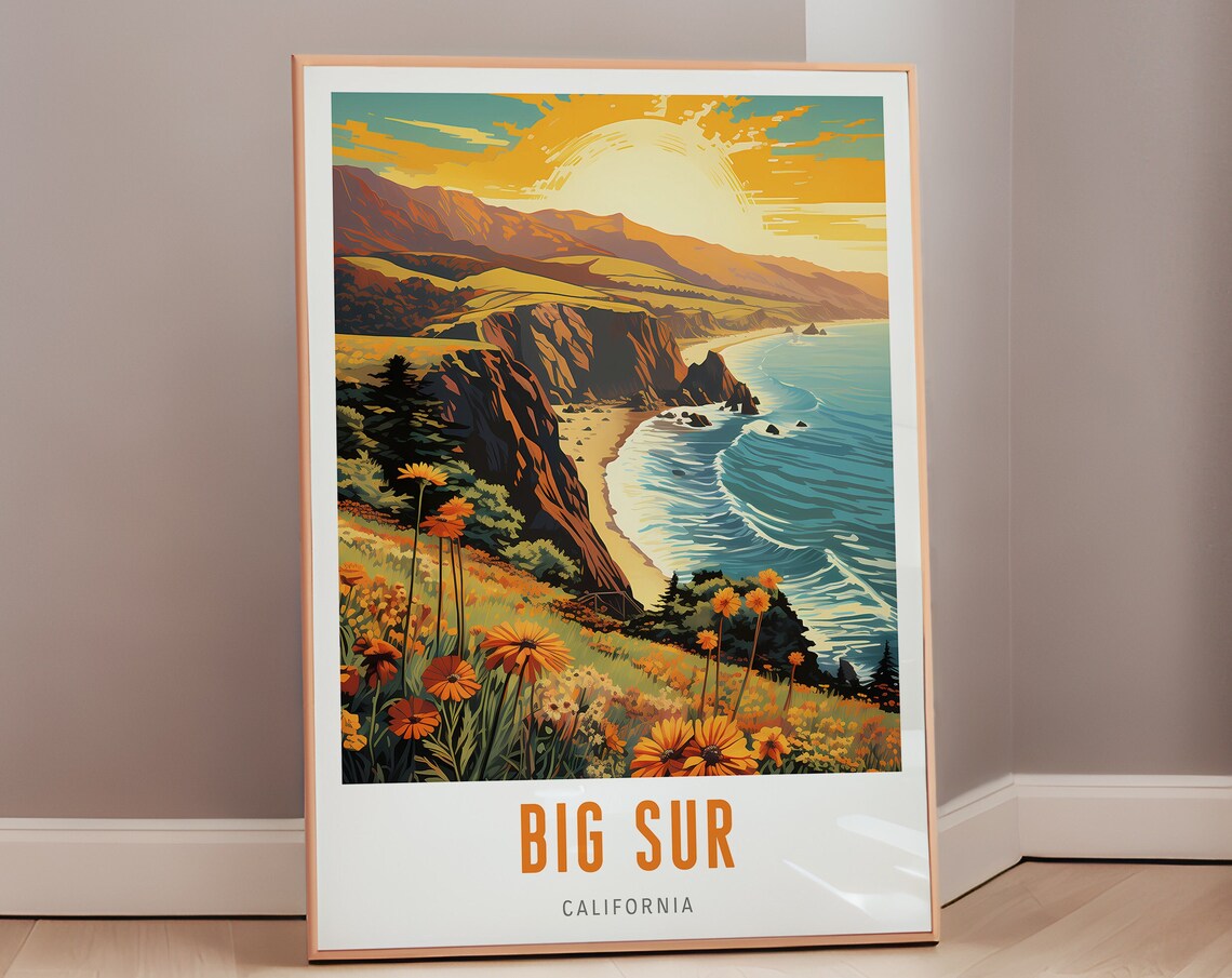Big Sur California Cliff Coast Wildflowers Sunset Travel Poster