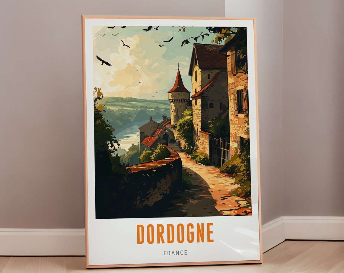 Dordogne France Vintage Travel Poster Medieval Village River Valley Art