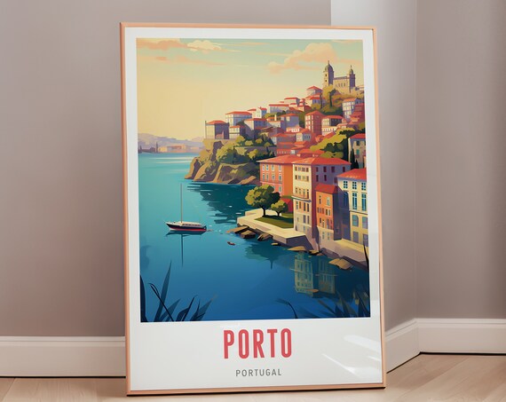Porto Portugal Riverside Old Town Mid Century Modern Travel Poster