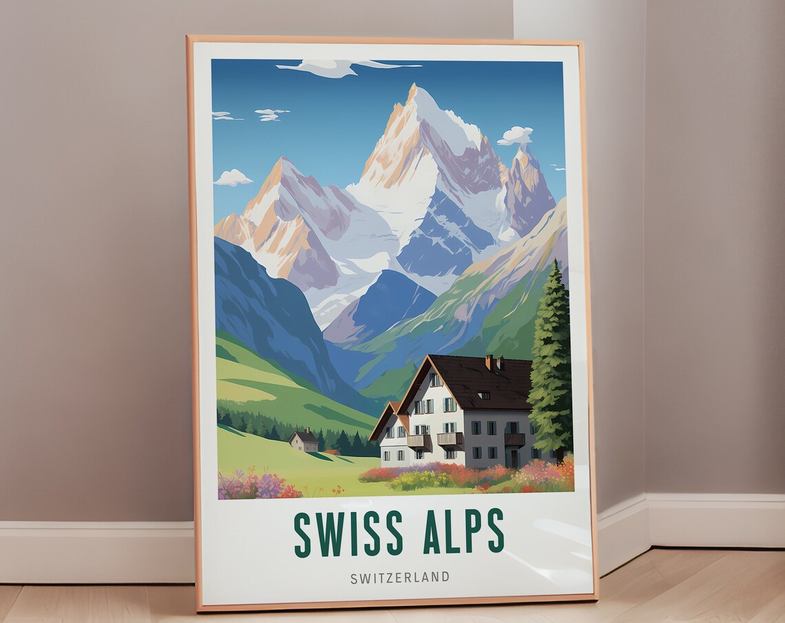 Swiss Alps Travel Poster, Mid-Century Modern Art Print