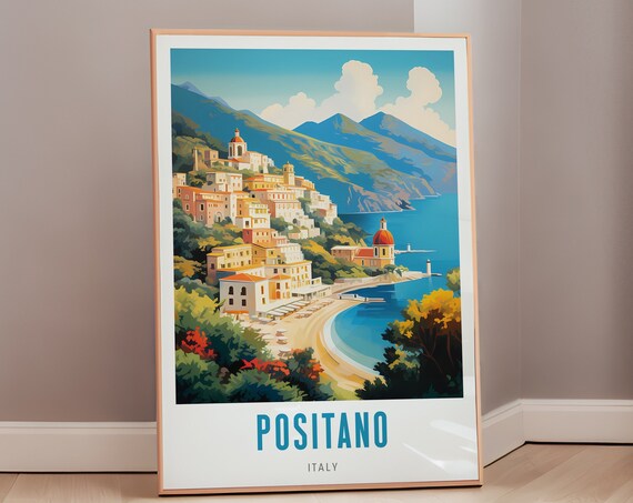 Positano Italy Cliffside Town Beach Dome Mid Century Travel Poster