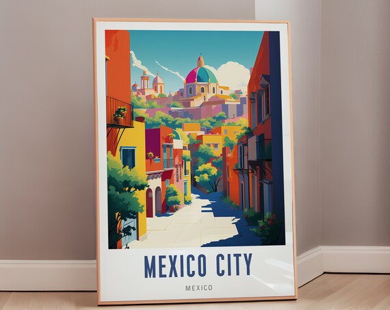 Mexico City Colorful Colonial Street Church Domes Travel Poster