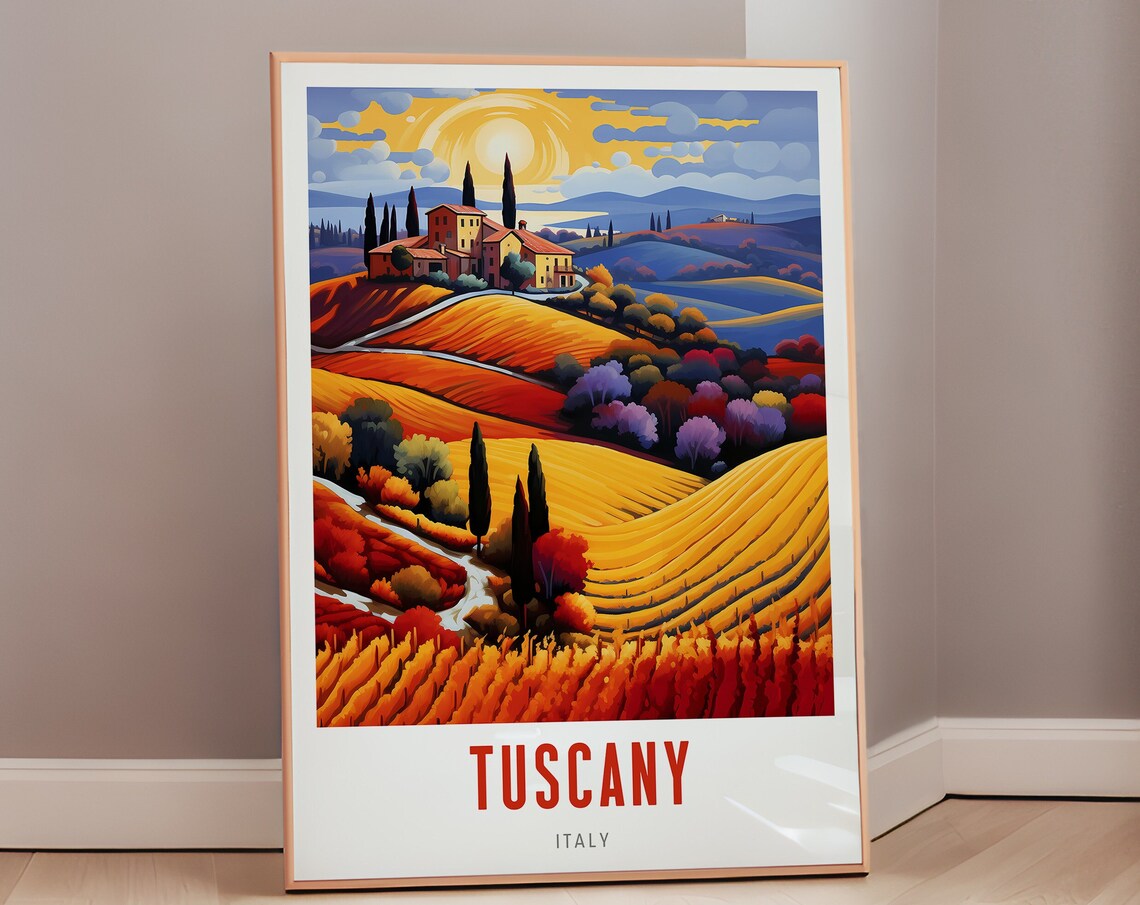 Tuscany Italy Vintage Travel Poster Mid Century Modern Italian Countryside