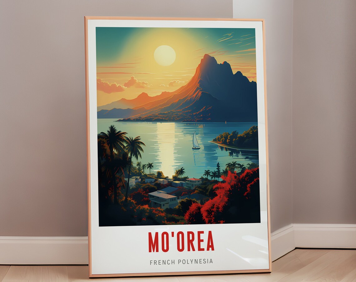 Moorea French Polynesia Island Travel Poster Tropical Lagoon Sunset Art