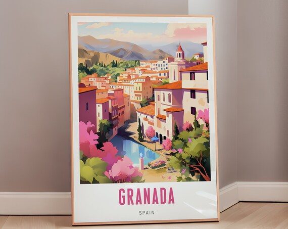 Granada Spain Mid Century Modern Vintage Travel Scene Poster