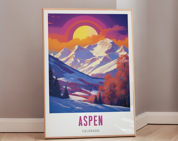 Aspen Colorado Vintage Travel Poster Snowy Mountain Sunset Purple Art