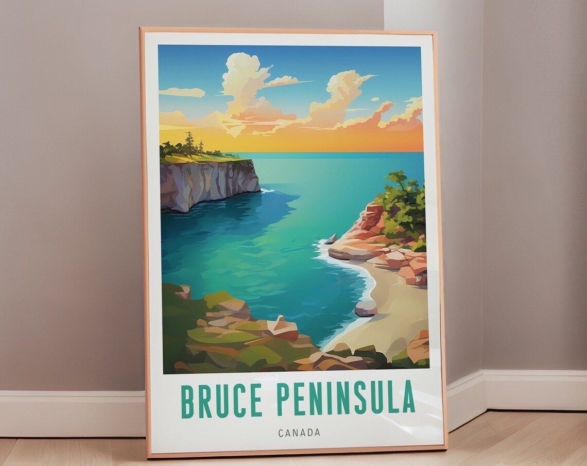 Bruce Peninsula Canada Vintage Travel Poster Turquoise Coast Cliffs Art