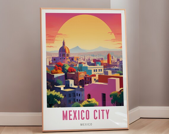 Mexico City Sunset Skyline Cathedral Dome Mexico Vintage Travel Poster