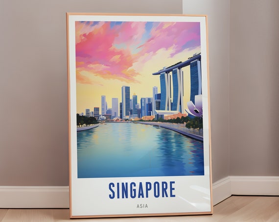 Asia Travel Poster Singapore Skyline Mid Century Modern Wall Decor Asian Gift Print Eclectic Home Art