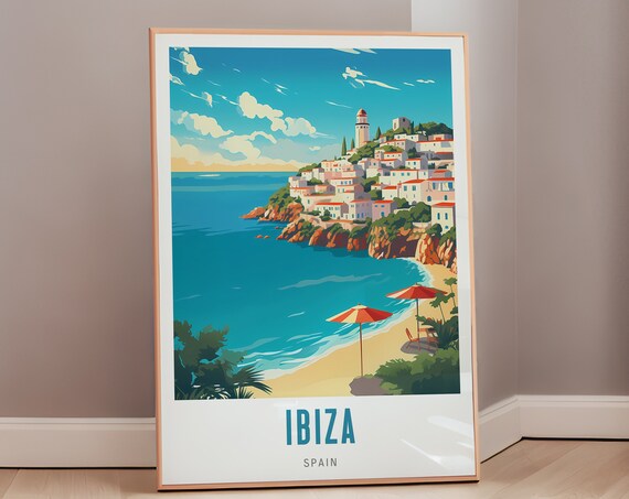 Ibiza Spain Beach Cove Umbrellas Lighthouse Hill Town Travel Poster
