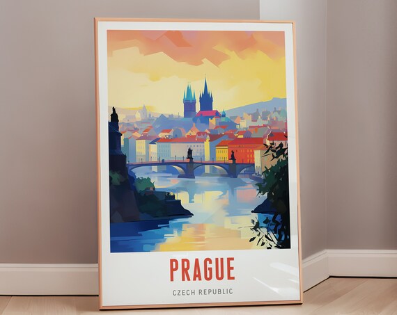 Prague Czech Republic Charles Bridge Sunset Stylized Travel Poster