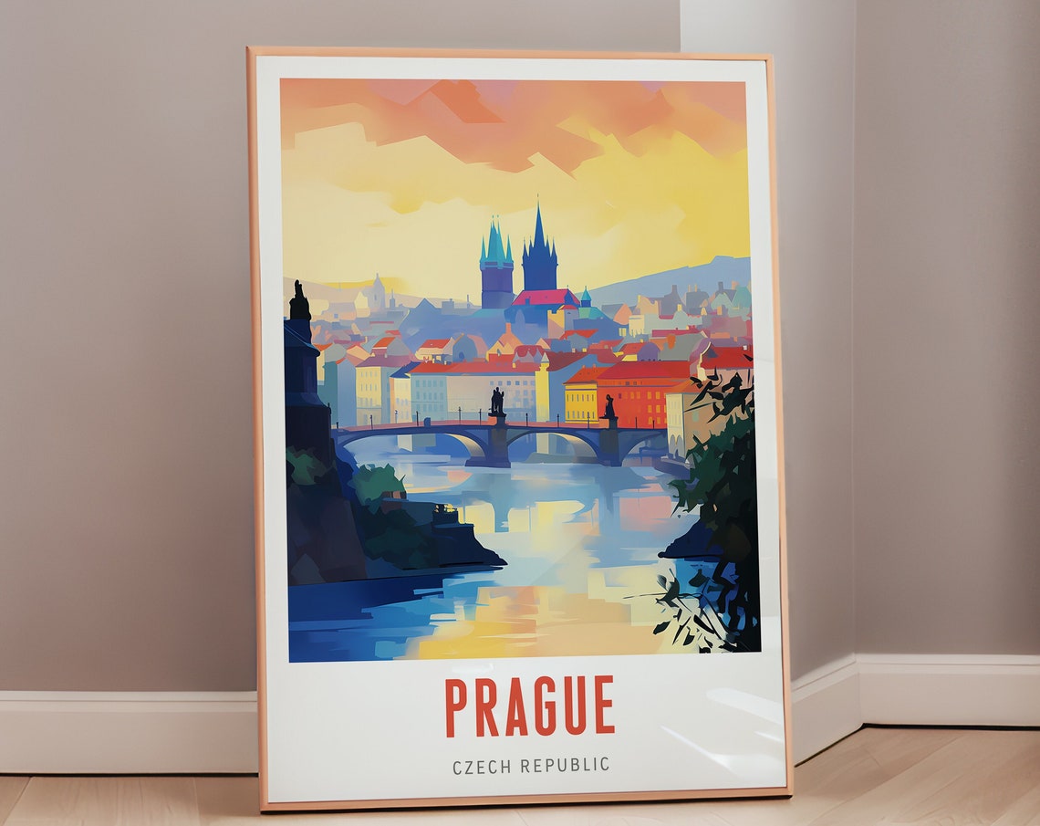 Prague Czech Republic Charles Bridge Sunset Stylized Travel Poster