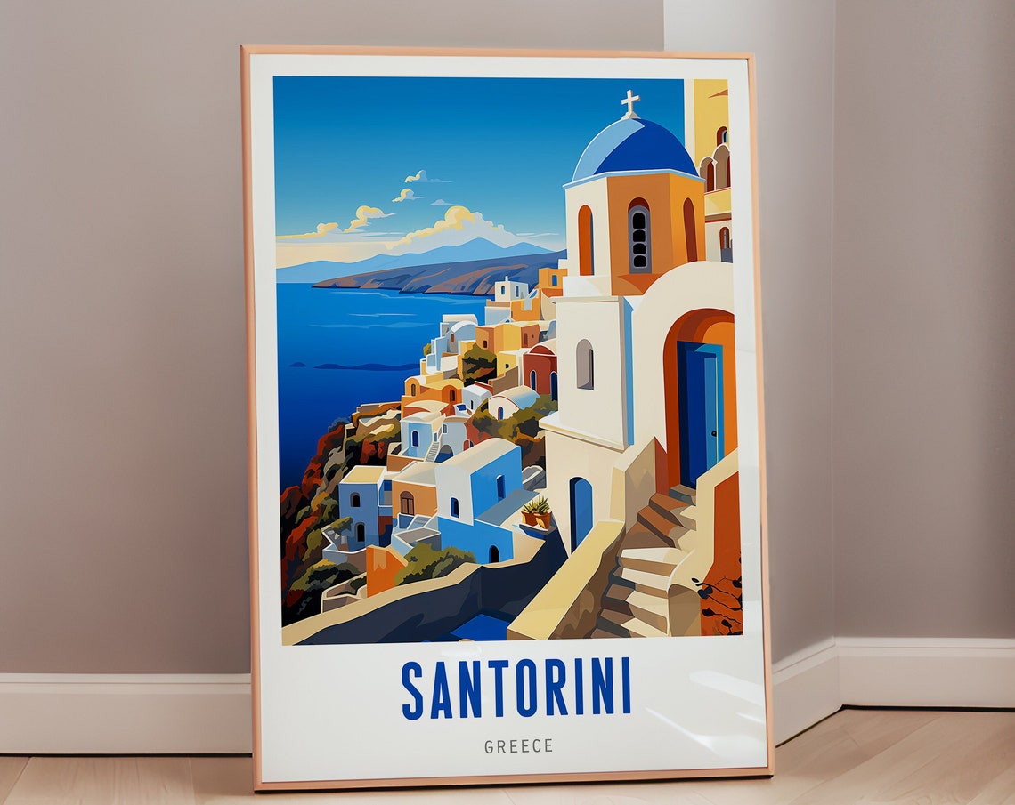 Santorini Greece Blue Domed Churches Cliffside Travel Poster