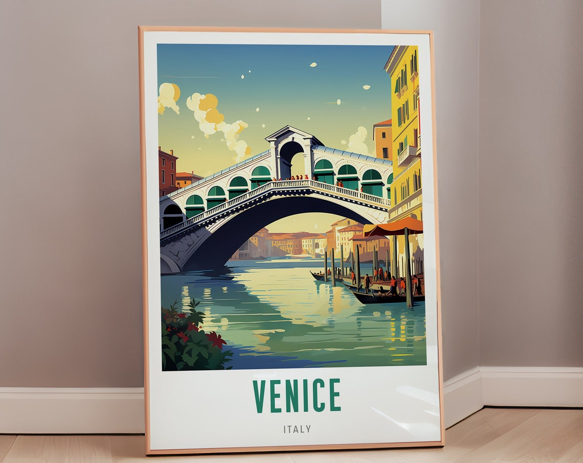 Venice Italy Rialto Bridge Gondolas Mid Century Modern Travel Poster