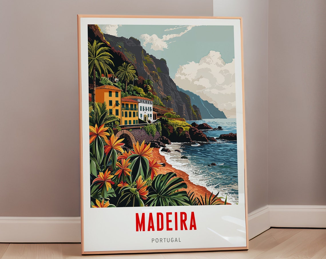 Madeira Portugal Coastal Cliffs Mid Century Modern Travel Poster