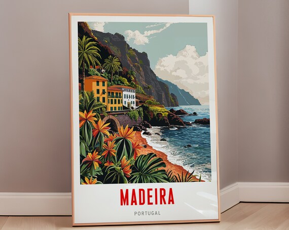 Madeira Portugal Coastal Cliffs Mid Century Modern Travel Poster