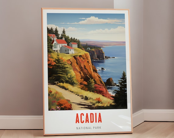 Acadia National Park Maine Coast Cliffs Cottages Vintage Travel Poster