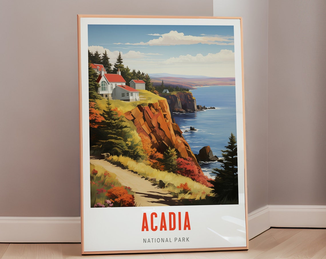 Acadia National Park Maine Coast Cliffs Cottages Vintage Travel Poster