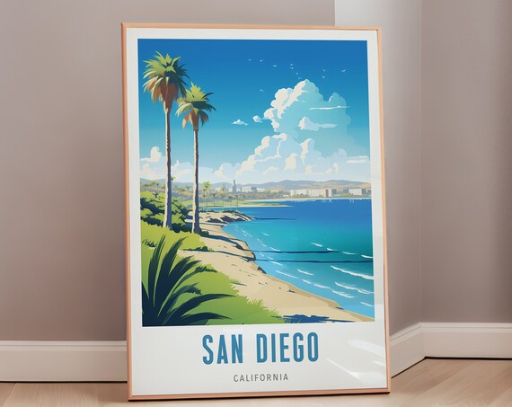 Sunny San Diego California Beach Palm Trees Vintage Travel Poster