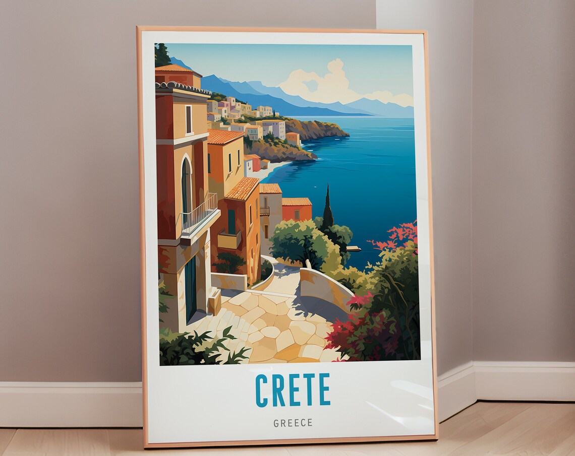 Crete Greece Coastal Village Stairs Turquoise Sea Vintage Travel Poster
