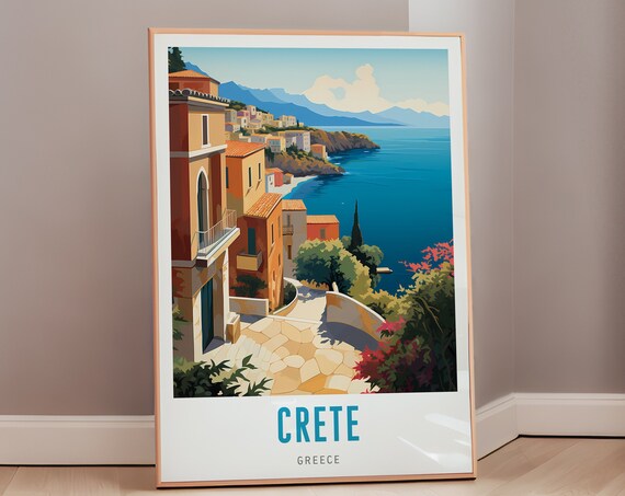 Crete Greece Coastal Village Stairs Turquoise Sea Vintage Travel Poster