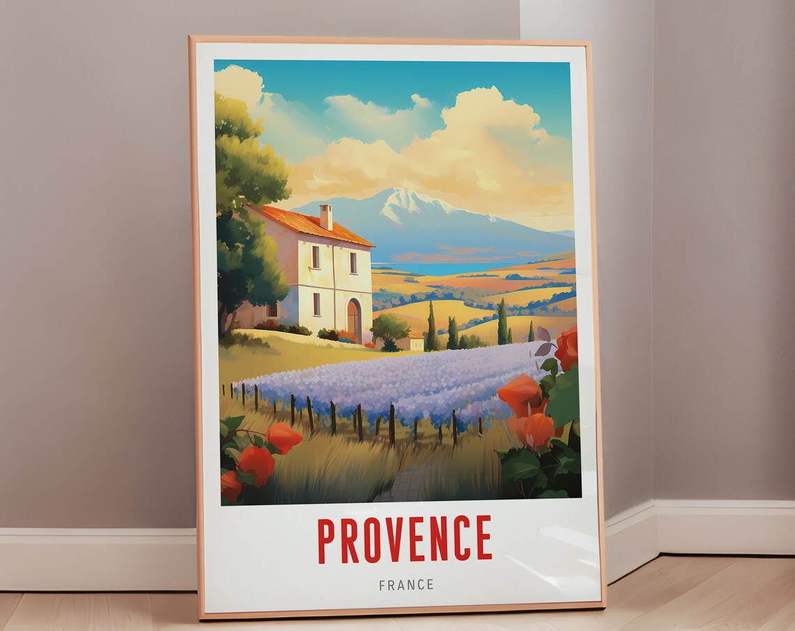 Provence France Lavender Fields Farmhouse Mountain Vintage Travel Poster