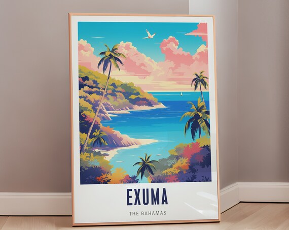 Exuma Bahamas Tropical Beach Travel Poster Vintage Island Wall Decor Art