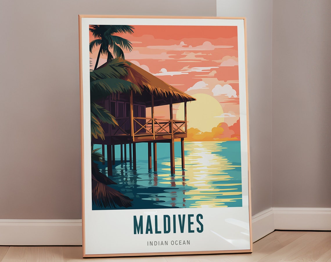 Maldives Indian Ocean Overwater Bungalow Sunset Travel Poster