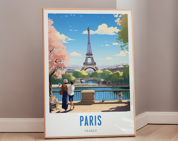 Paris France Eiffel Tower Spring Blossoms Mid Century Travel Poster