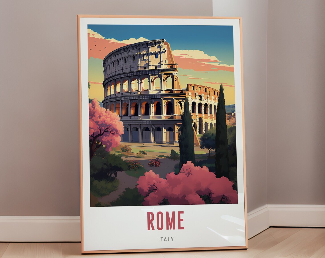 Rome Italy Colosseum Vintage Travel Poster Mid Century Modern Landmark Art