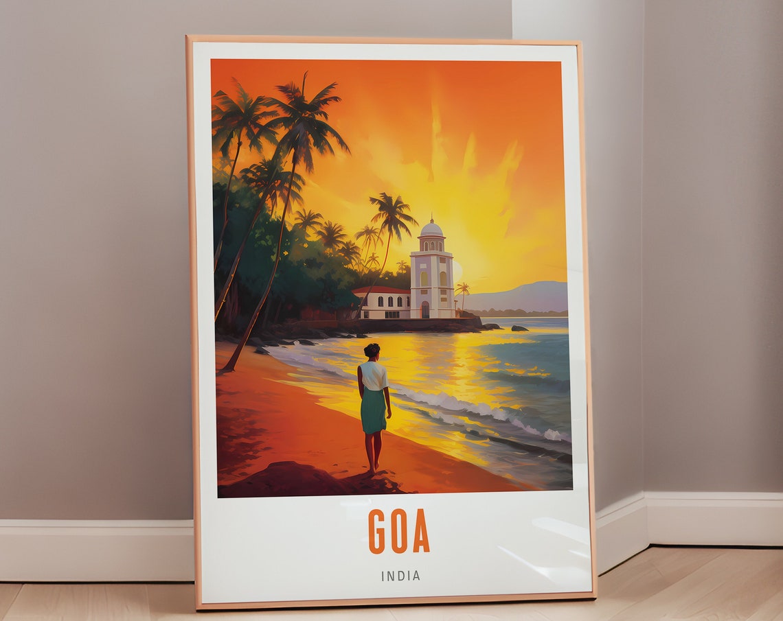 Goa India Tropical Sunset Beach Palm Trees Lighthouse Travel Poster