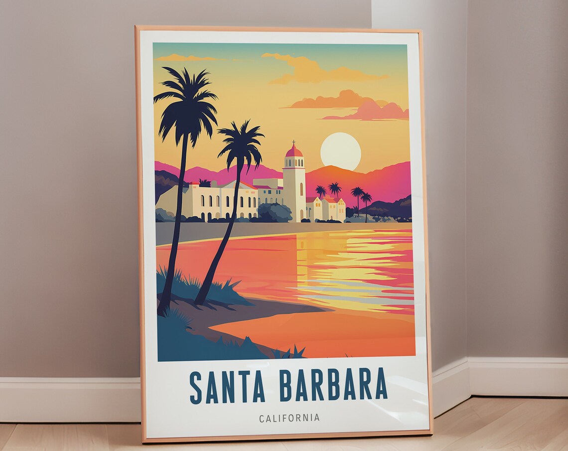 Santa Barbara California Sunset Mid Century Modern Travel Poster