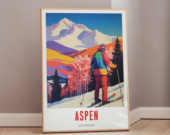 Aspen Colorado Ski Vintage Travel Poster Retro Skier Mountain Slope Art