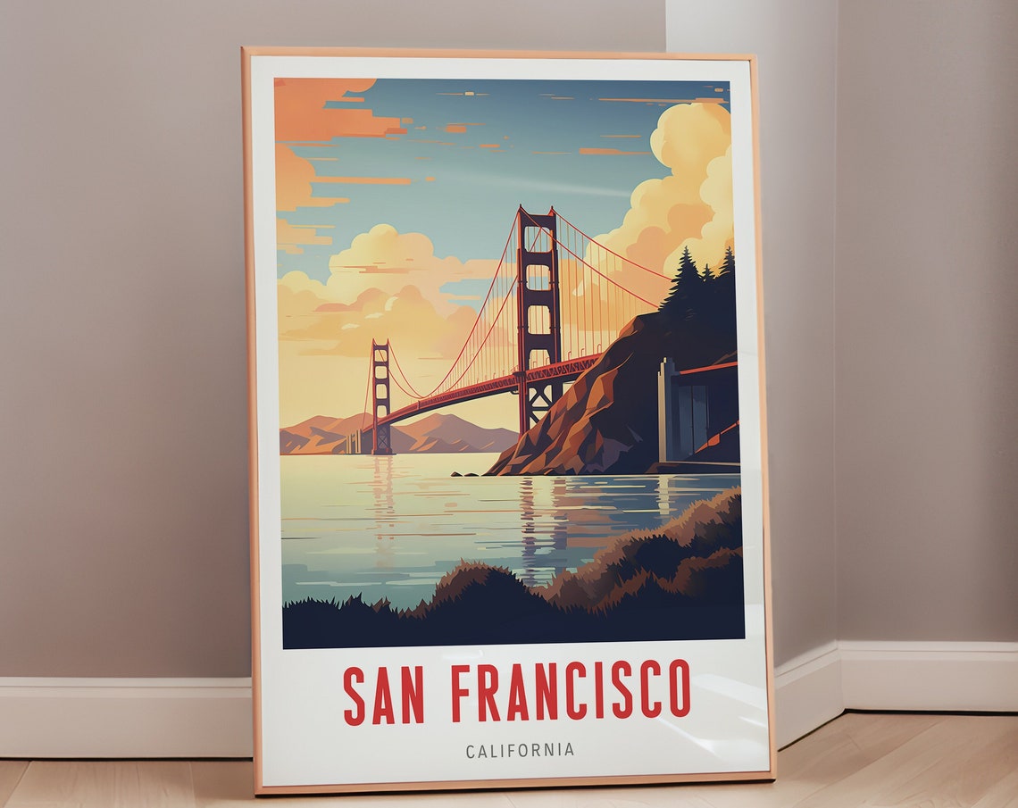 San Francisco Golden Gate Bridge Sunset City Skyline Travel Poster