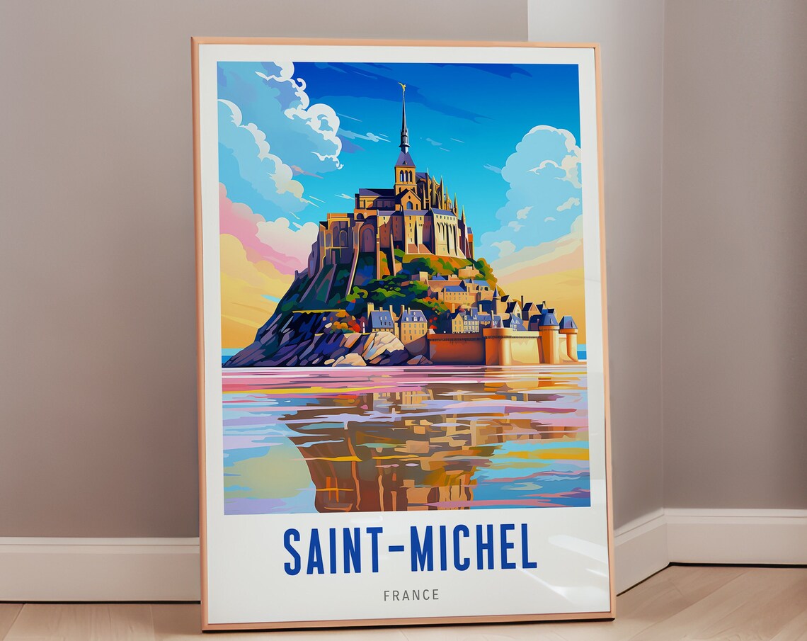 Saint-Michel France Vintage Travel Poster Island Abbey Sunset Art Decor