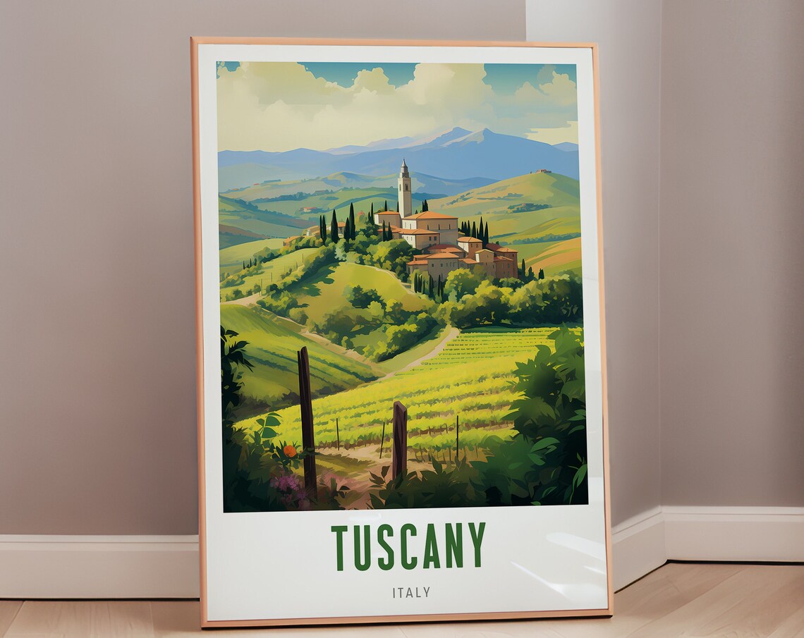 Tuscany Italy Rolling Hills Villa Cypress Vintage Travel Poster