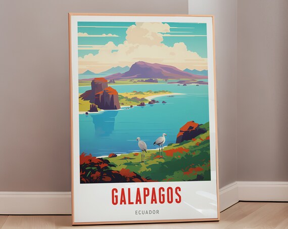 Galapagos Ecuador Flamingos Tropical Lagoon Wildlife Travel Poster
