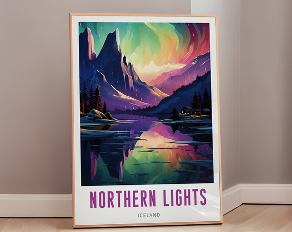 Northern Lights Iceland Aurora Mountain Lake Reflection Poster