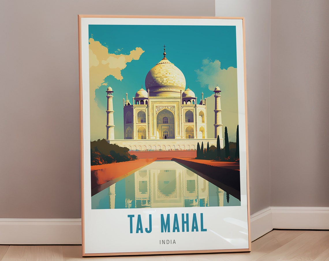 Taj Mahal Teal Sky Mirror Pool Iconic India Landmark Travel Poster