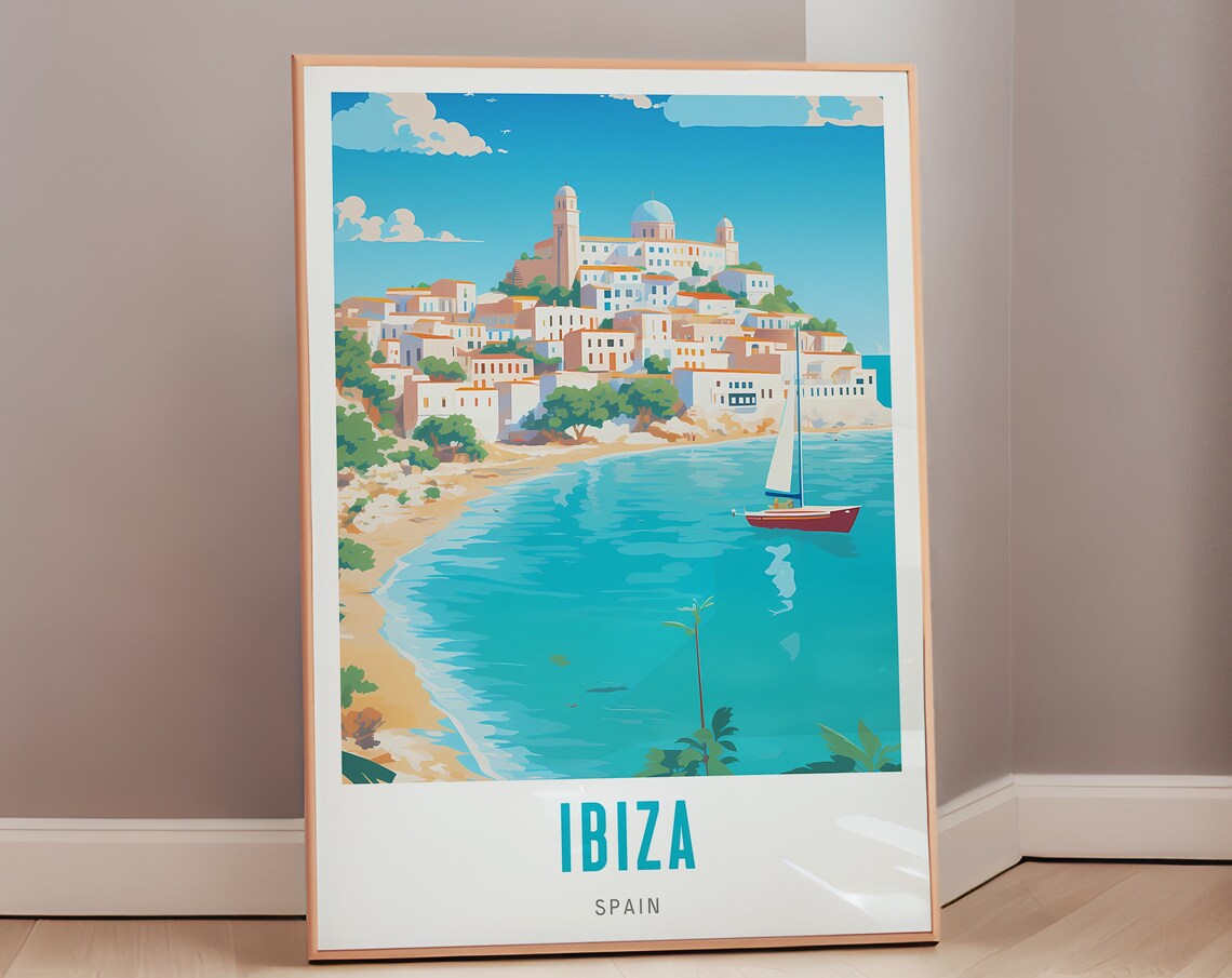Ibiza Spain Beach Sailboat White Old Town Mid Century Travel Poster
