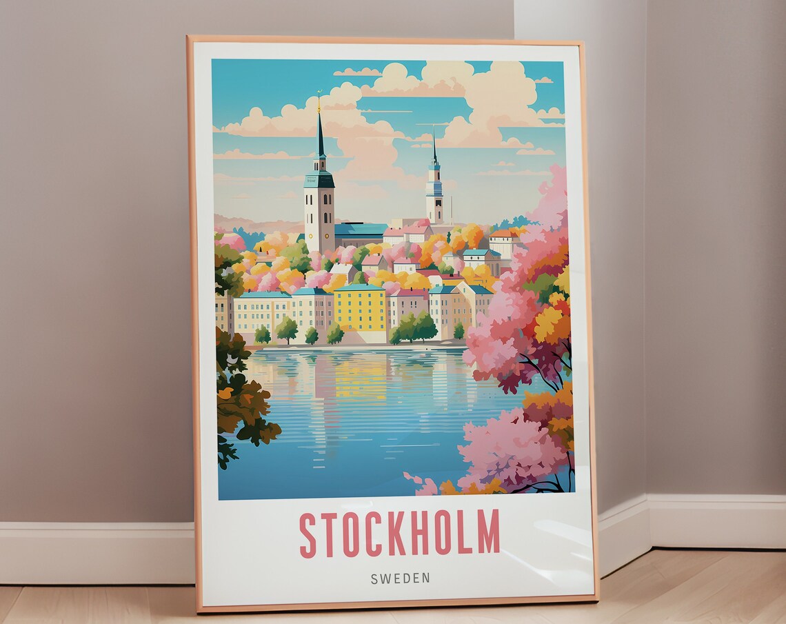 Stockholm Sweden Autumn Waterfront Church Spires Mid Century Poster