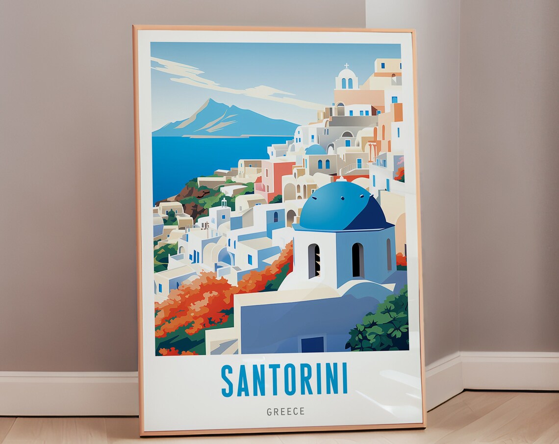 Santorini Greece White Houses Blue Domes Aegean Sea Travel Poster