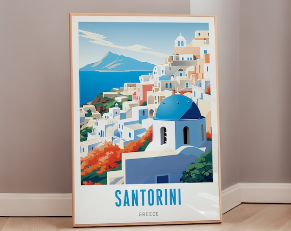 Santorini Greece White Houses Blue Domes Aegean Sea Travel Poster