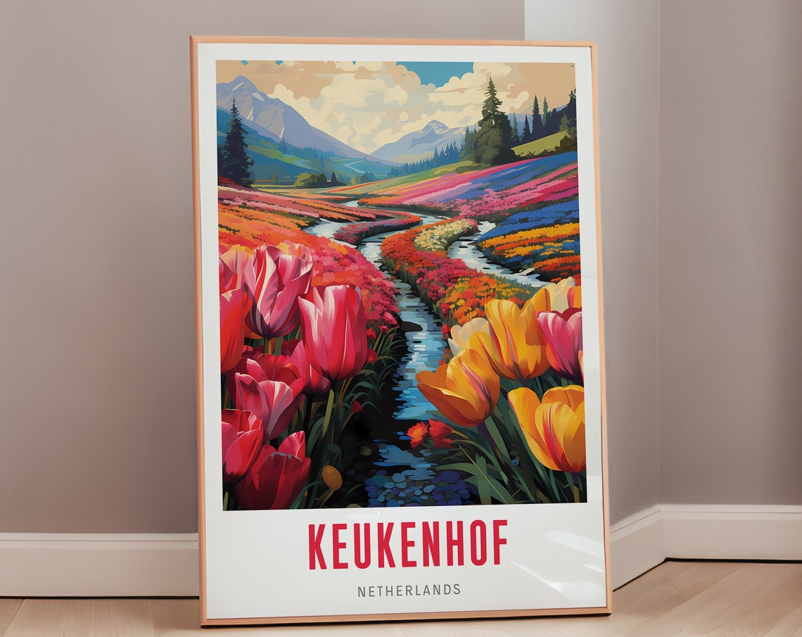 Keukenhof Netherlands Tulip Fields River Mountains Travel Poster