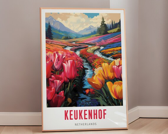 Keukenhof Netherlands Tulip Fields River Mountains Travel Poster