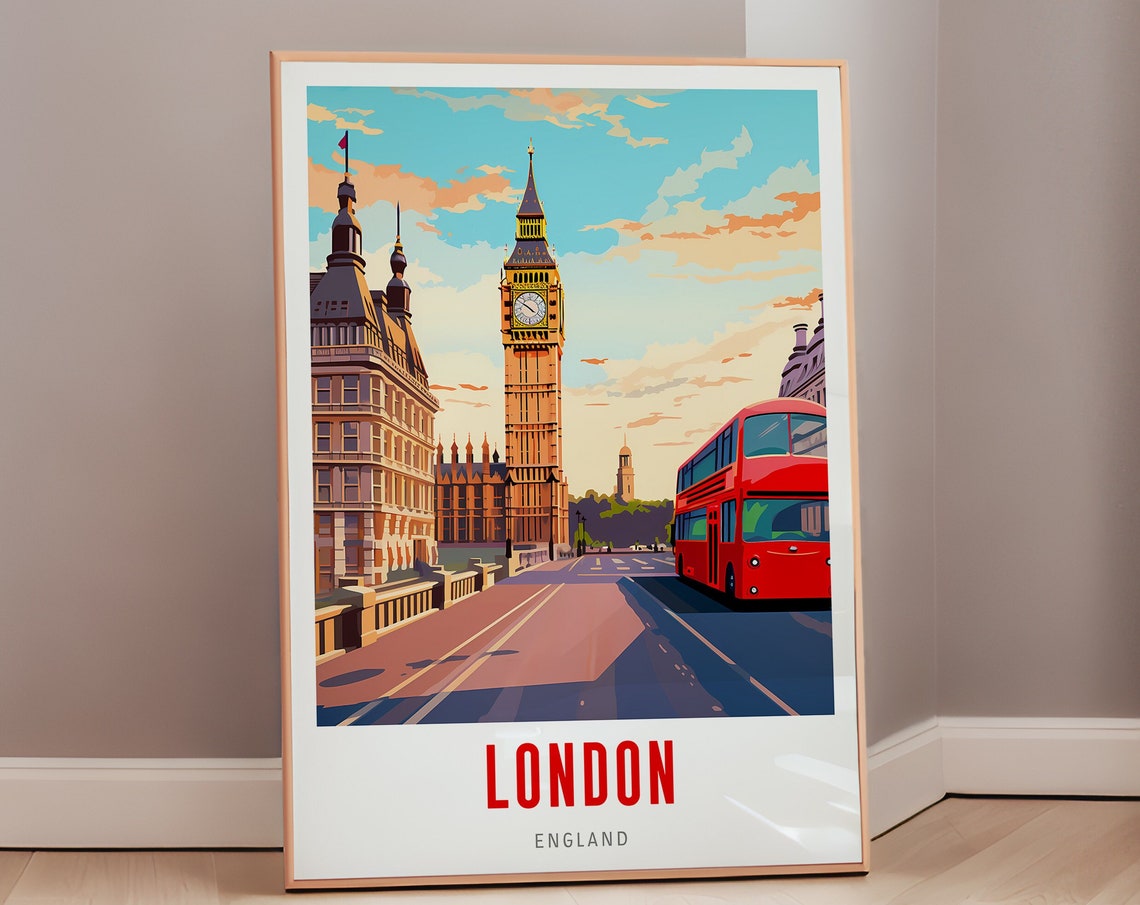 London England Big Ben and Red Double Decker Bus Travel Poster